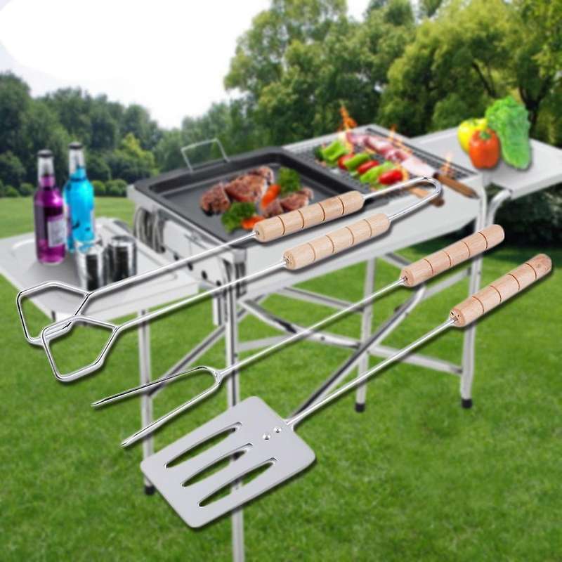 3Pcs Stainless Steel Barbecue Fork Tongs Skewer Sets Bbq Roasting Grilling Tool Spatula Roasting Sho