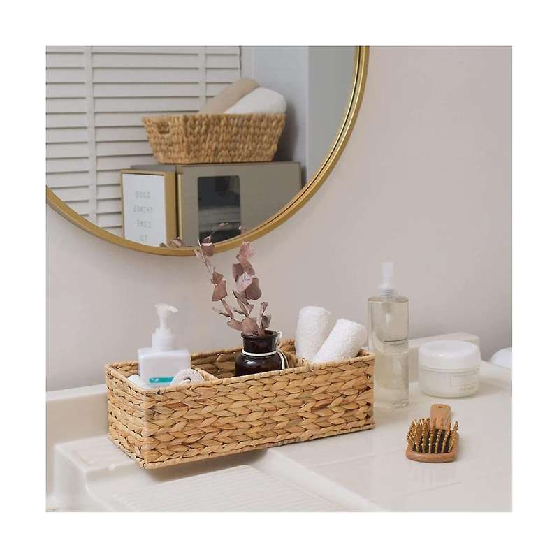 3-section Wicker Baskets for Shelves, Hand-woven Water Hyacinth Storage Baskets, 2-pack