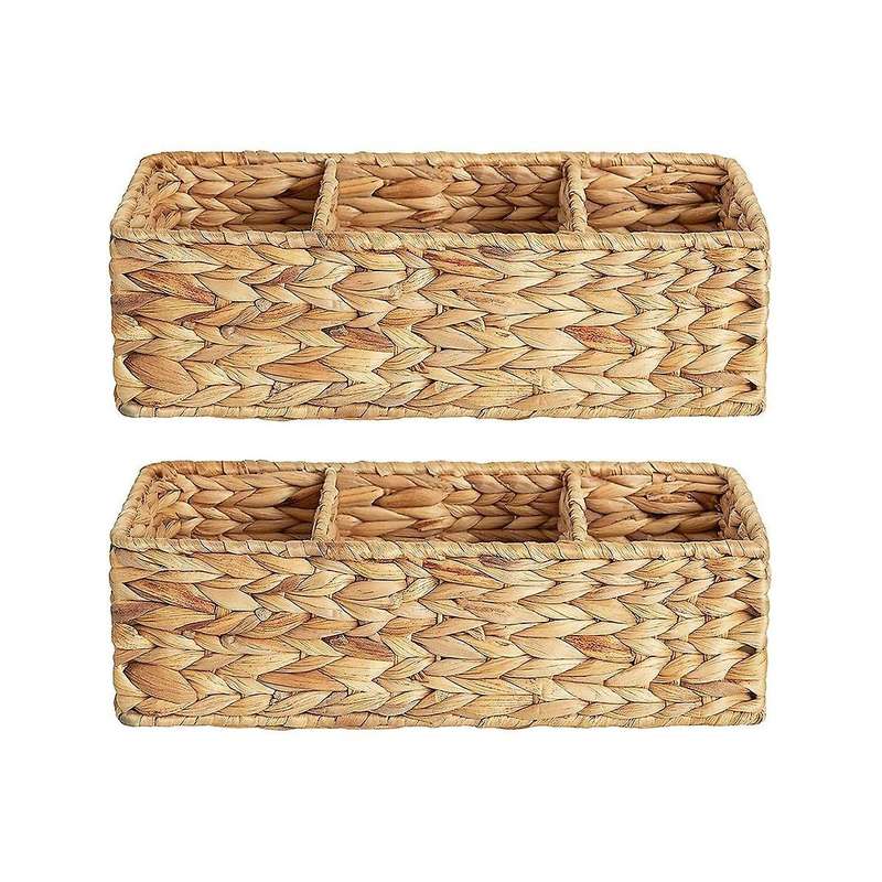 3-section Wicker Baskets for Shelves, Hand-woven Water Hyacinth Storage Baskets, 2-pack