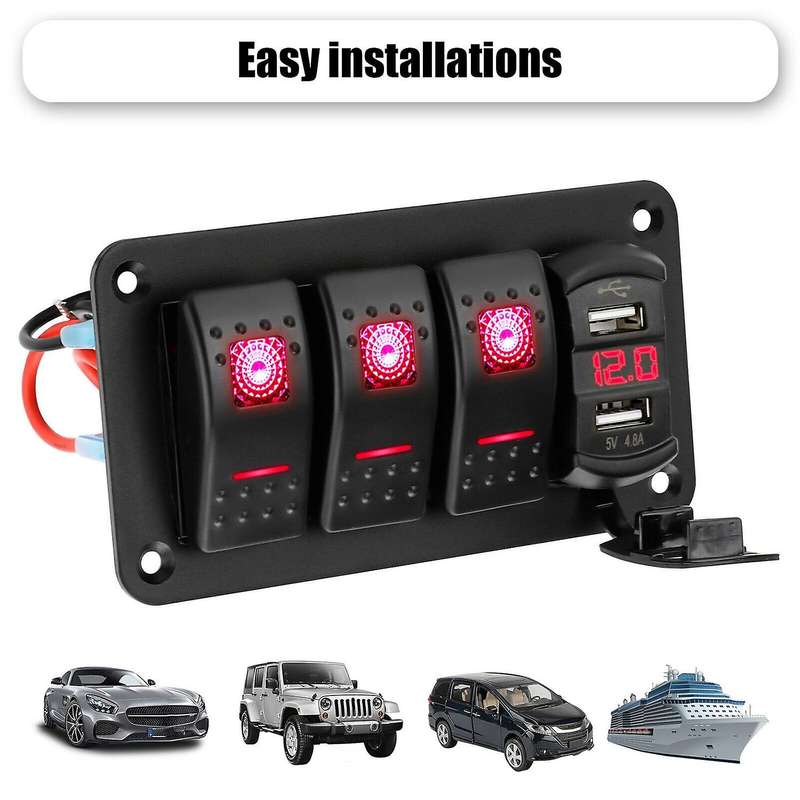 4 Gang Toggle Rocker Switch Panel with USB for Car Boat Marine RV Truck Red LED