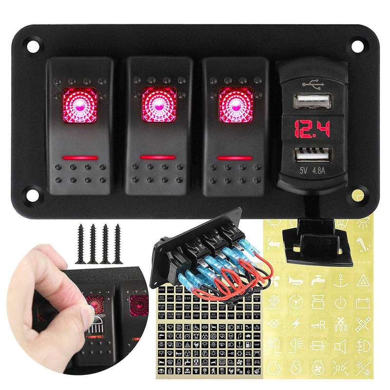 4 Gang Toggle Rocker Switch Panel with USB for Car Boat Marine RV Truck Red LED