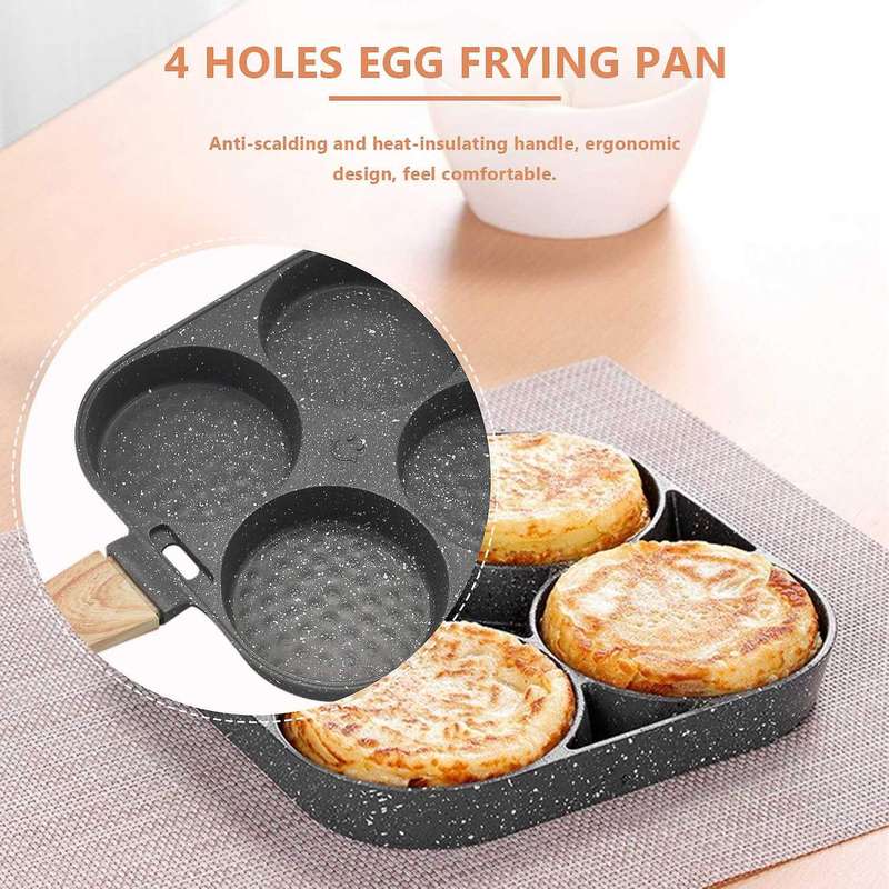 4 Holes Egg Frying Pan Multifunction Hamburger Steak Non Stick Pan Wooden Handle Cooking Pan Cookin