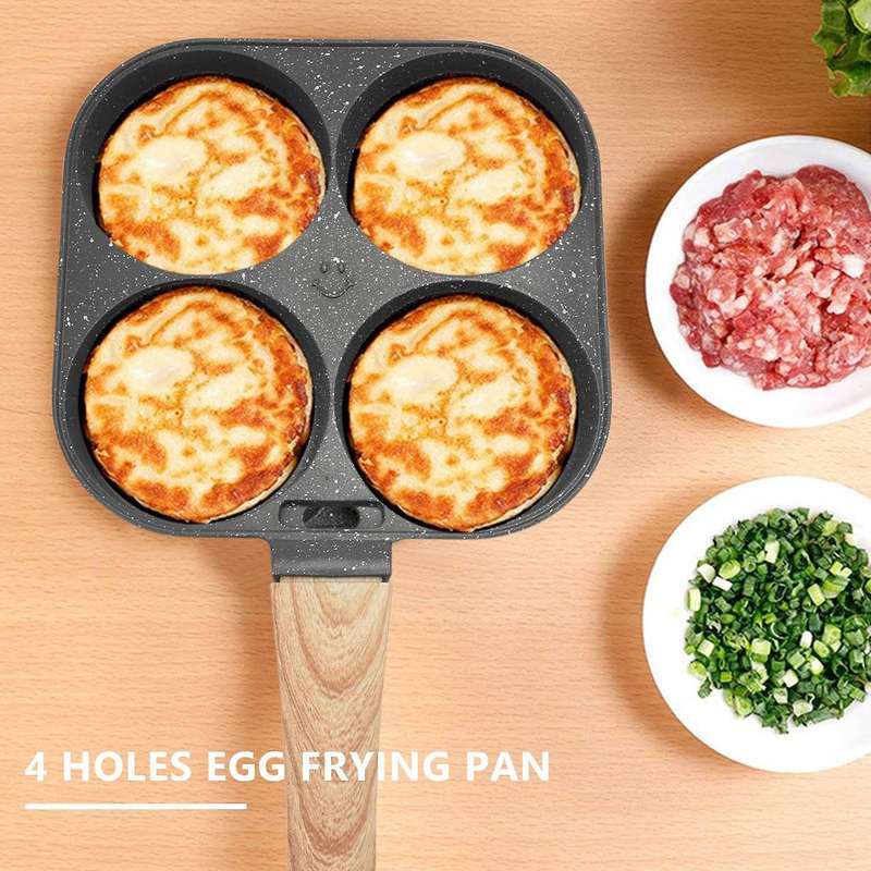 4 Holes Egg Frying Pan Multifunction Hamburger Steak Non Stick Pan Wooden Handle Cooking Pan Cookin
