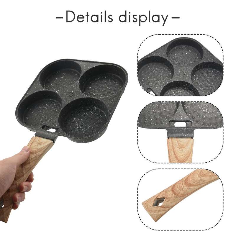 4 Holes Egg Frying Pan Multifunction Hamburger Steak Non Stick Pan Wooden Handle Cooking Pan Cookin