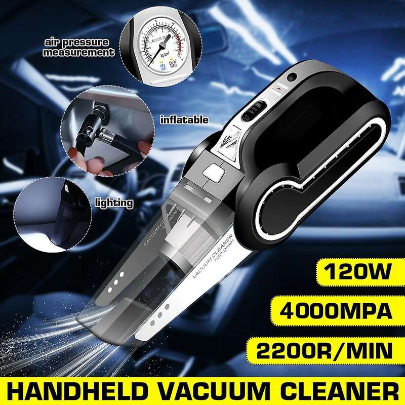 4 in 1 Portable Car Vacuum Cleaner Handheld with Air Compressor LED Light 120W 4000Pa Wet & Dry Vacu