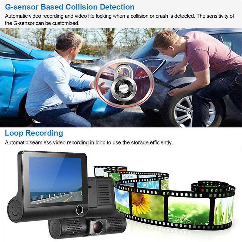 4 Inch Car Dvr Dashcam Dash Camera Hd Screen 1080p 3 Lens Video Recorder Front + Interior+rear View