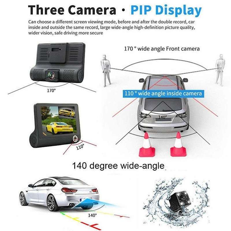 4 Inch Car Dvr Dashcam Dash Camera Hd Screen 1080p 3 Lens Video Recorder Front + Interior+rear View