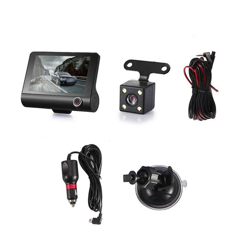 4 Inch Car Dvr Dashcam Dash Camera Hd Screen 1080p 3 Lens Video Recorder Front + Interior+rear View