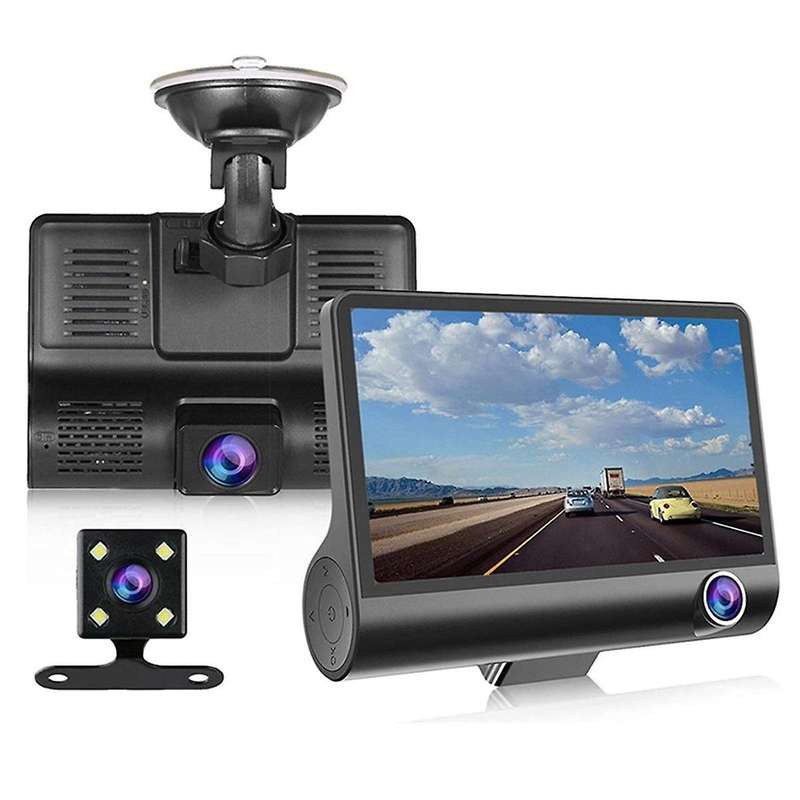 4 Inch Car Dvr Dashcam Dash Camera Hd Screen 1080p 3 Lens Video Recorder Front + Interior+rear View