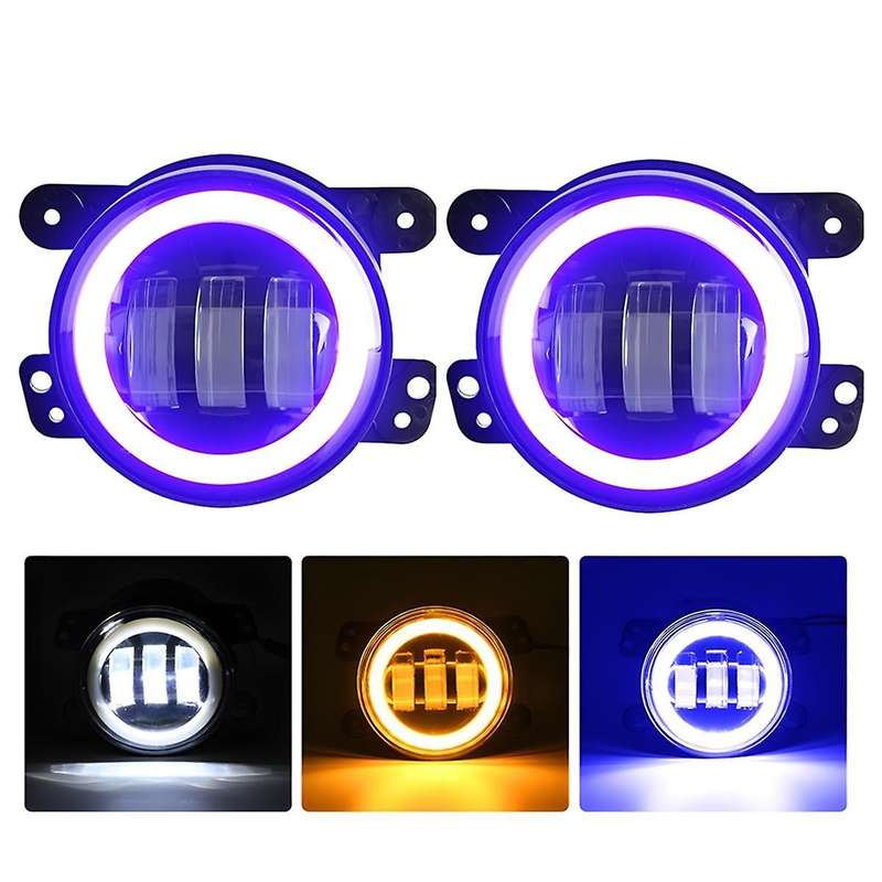 4 Inch LED Fog Lights Halo Ring Work Light for Wrangler JK, with Blue DRL Yellow Turn Signal (Blue+Y