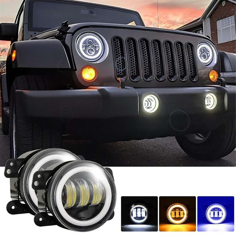 4 Inch LED Fog Lights Halo Ring Work Light for Wrangler JK, with Blue DRL Yellow Turn Signal (Blue+Y