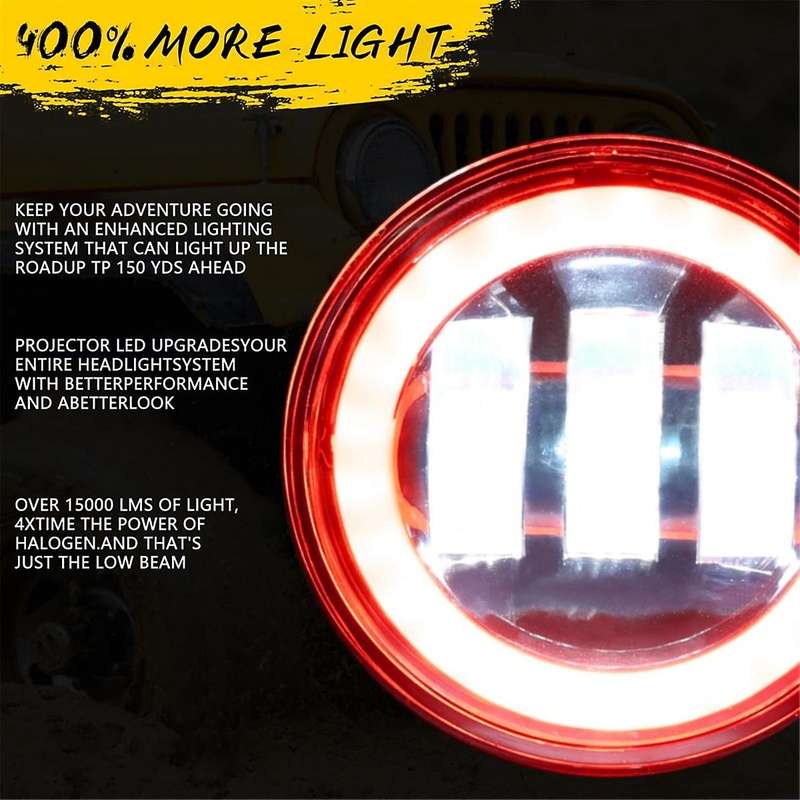 4 Inch LED Fog Lights Halo Ring Work Light for Wrangler JK, with Red DRL Yellow Turn Signal (Red+Yel