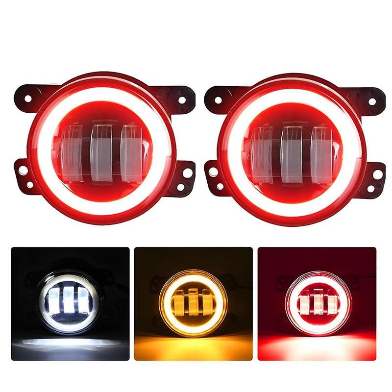 4 Inch LED Fog Lights Halo Ring Work Light for Wrangler JK, with Red DRL Yellow Turn Signal (Red+Yel