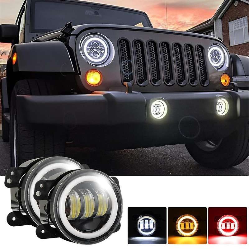 4 Inch LED Fog Lights Halo Ring Work Light for Wrangler JK, with Red DRL Yellow Turn Signal (Red+Yel
