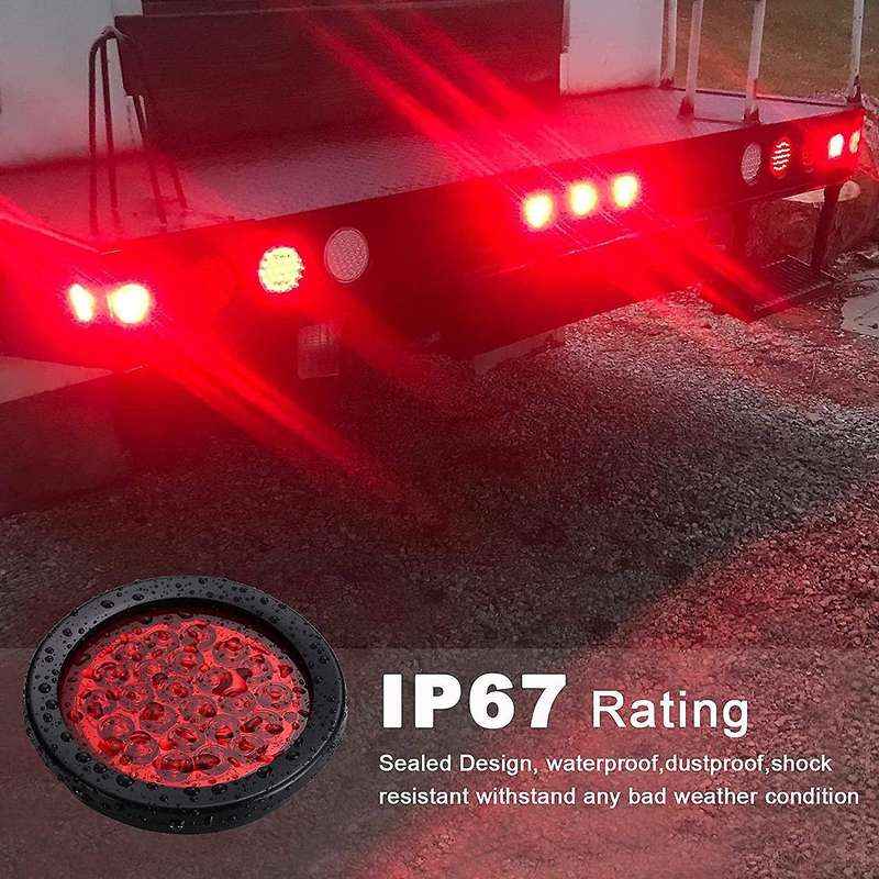 4 Inch Round Trailer Tail Lights 24LED Stop Turn Tail Lights for Boat Truck RV Tractor Bus 4 Packs A