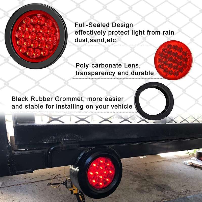 4 Inch Round Trailer Tail Lights 24LED Stop Turn Tail Lights for Boat Truck RV Tractor Bus 4 Packs A