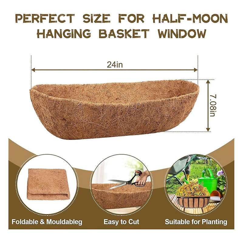 4 Pack 24 Inch Trough Coconut Liners, Natural Coconut Liners for Wall Planter, Window Basket Deck Ra