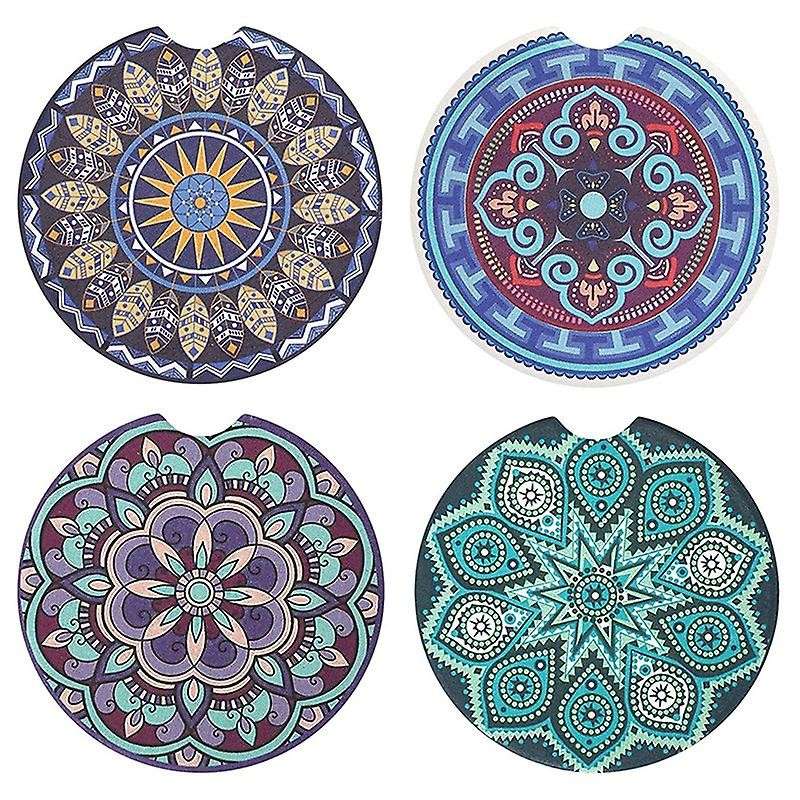 4 Pack Car Coasters for Drinks Absorbent, Mandala Ceramic Car Cup Holder Coaster for Your Car with F