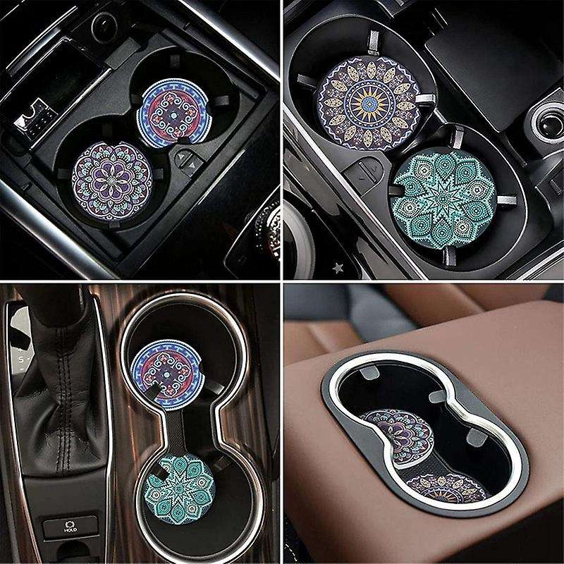 4 Pack Car Coasters for Drinks Absorbent, Mandala Ceramic Car Cup Holder Coaster for Your Car with F