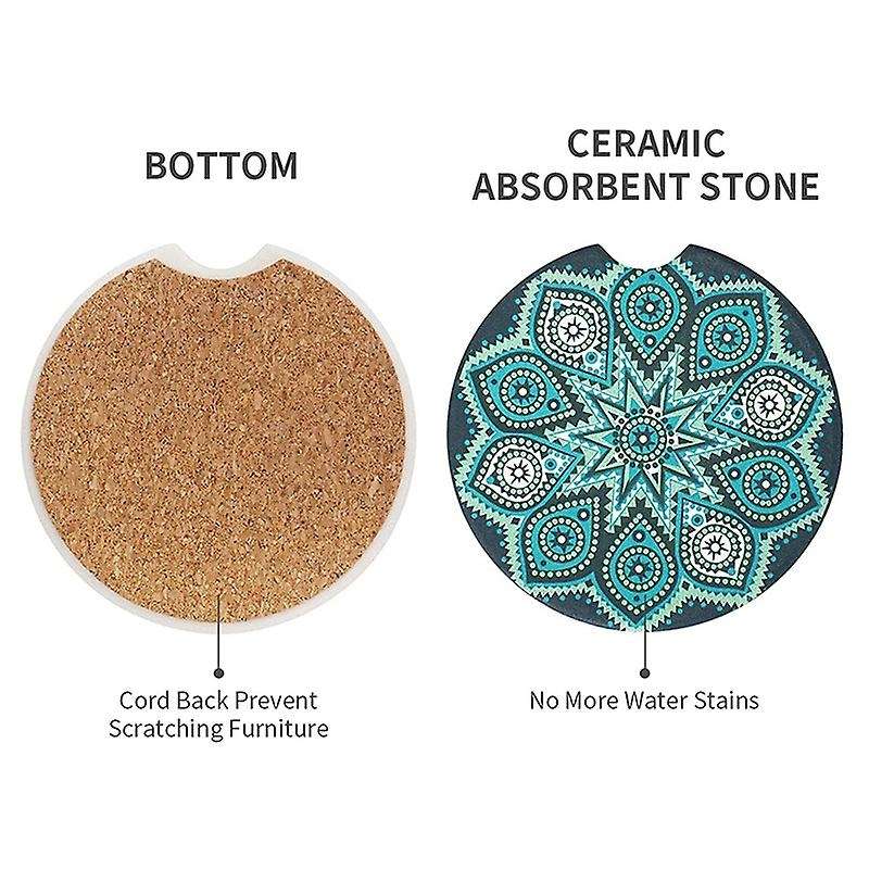 4 Pack Car Coasters for Drinks Absorbent, Mandala Ceramic Car Cup Holder Coaster for Your Car with F