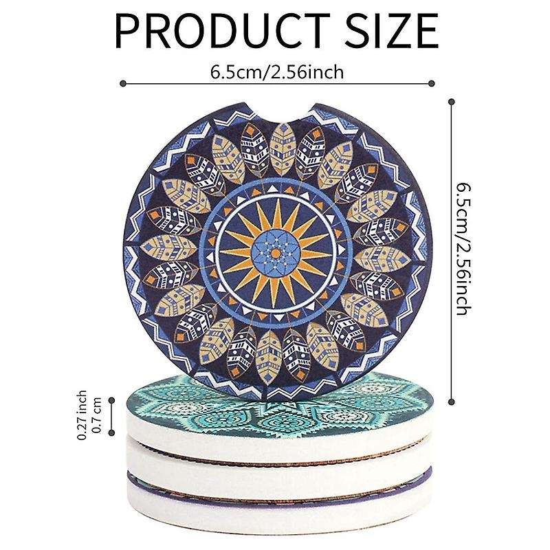 4 Pack Car Coasters for Drinks Absorbent, Mandala Ceramic Car Cup Holder Coaster for Your Car with F