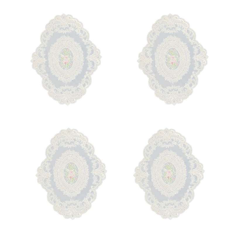 4 Pack Retro Lace Placemats, French Crochet Doilies, Handmade Embroidered Table Mats, 12x16-In Beige
