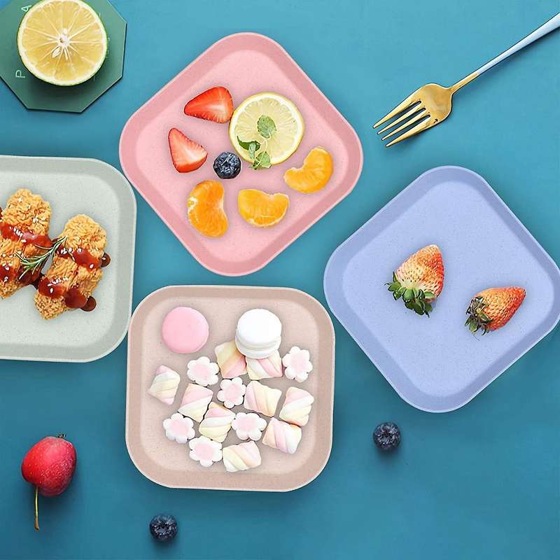 4 PCS 15cm Wheat Straw Square Plates Unbreakable Mini Tableware Plates Reusable Square Dishes