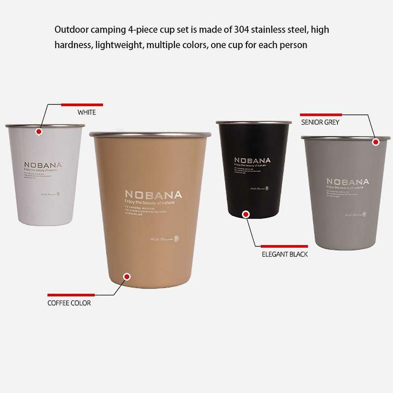 4 Pcs 350ML 304Stainless Steel Camping Cup Mug Camping Hiking Portable Tea Coffee Beer Cup with Blac