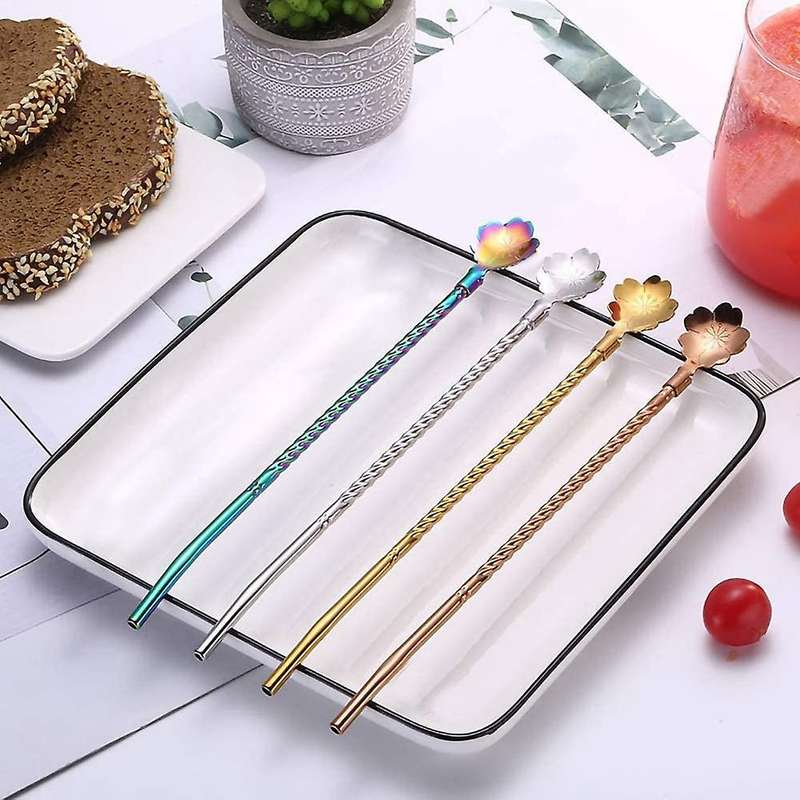 4 Pcs 2 in 1 Stainless Steel Straws Spoon,Reusable Tea Strainer,for Coffee,Tea,,Cocktail(with 2 Clea