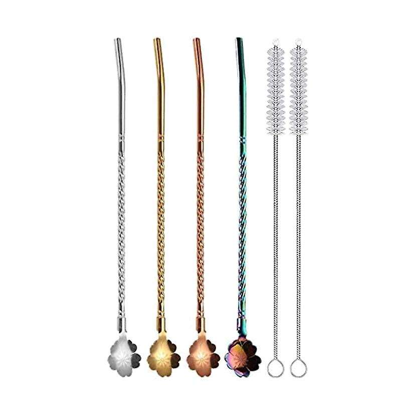 4 Pcs 2 in 1 Stainless Steel Straws Spoon,Reusable Tea Strainer,for Coffee,Tea,,Cocktail(with 2 Clea