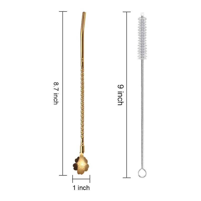 4 Pcs 2 in 1 Stainless Steel Straws Spoon,Reusable Tea Strainer,for Coffee,Tea,,Cocktail(with 2 Clea