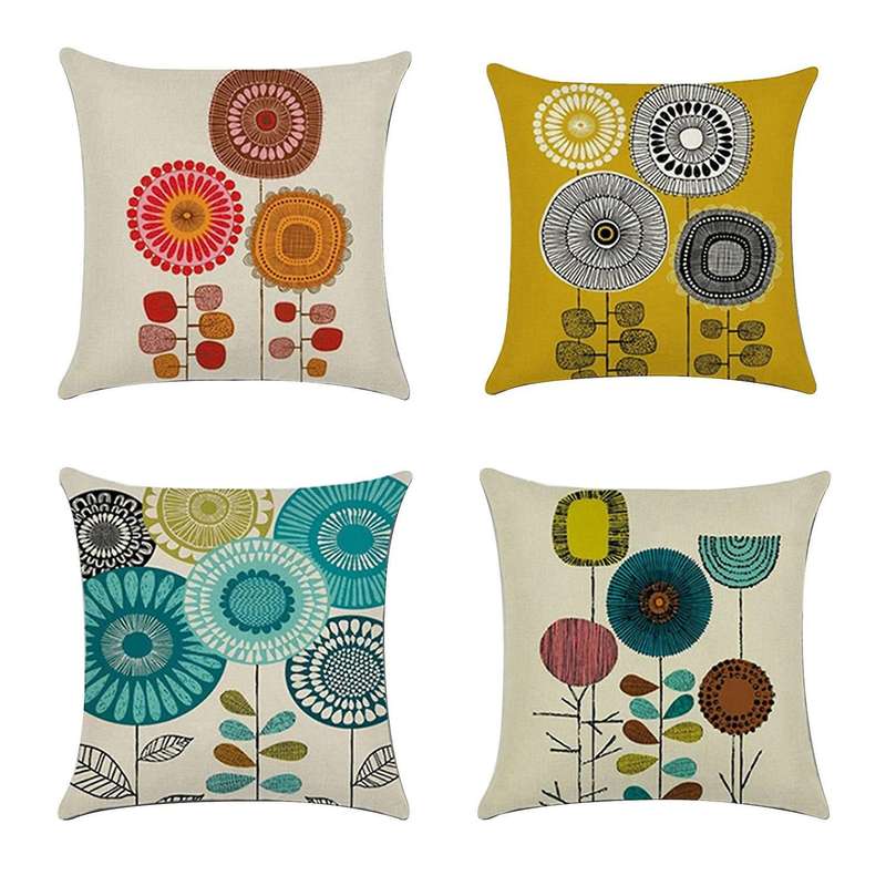 4 Pcs Abstract Flowers Pillowcase Linen Pillow Cover Home Decor Cushion Cover Printing Pillow Case