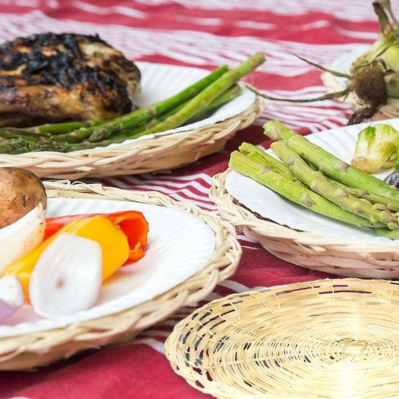 4 Pcs Bamboo Paper Plate Holder-10 Inch Round Woven Compatible Picnic Party