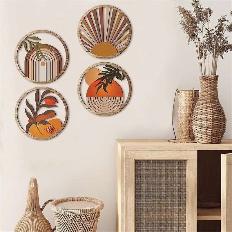 4 Pcs Boho Wall Art Wooden Wall Decor Hanging Art Nursery Wall Decor Farmhouse Geometric Hanging Dec