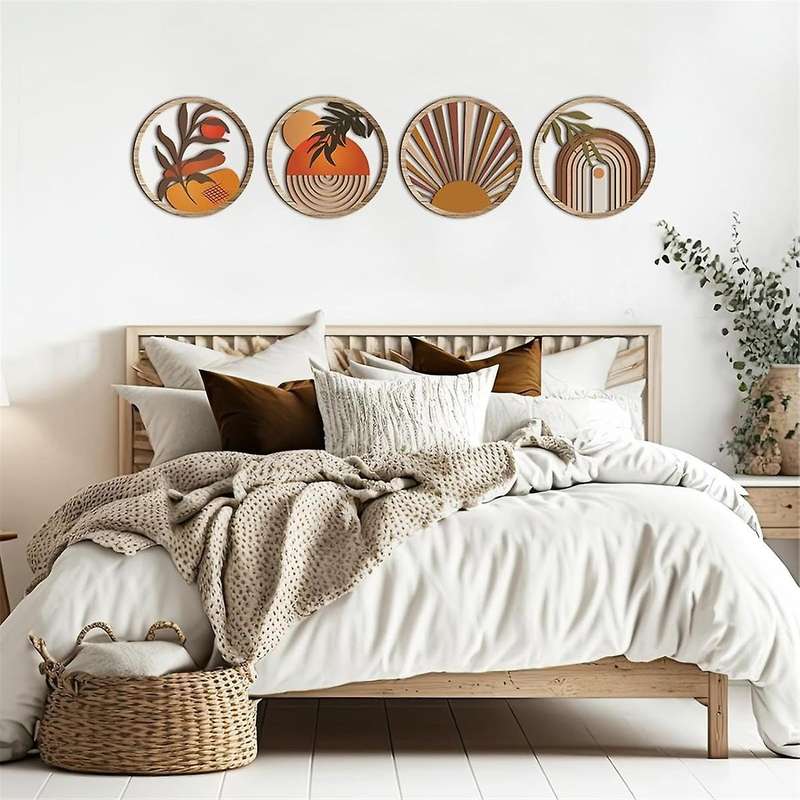 4 Pcs Boho Wall Art Wooden Wall Decor Hanging Art Nursery Wall Decor Farmhouse Geometric Hanging Dec