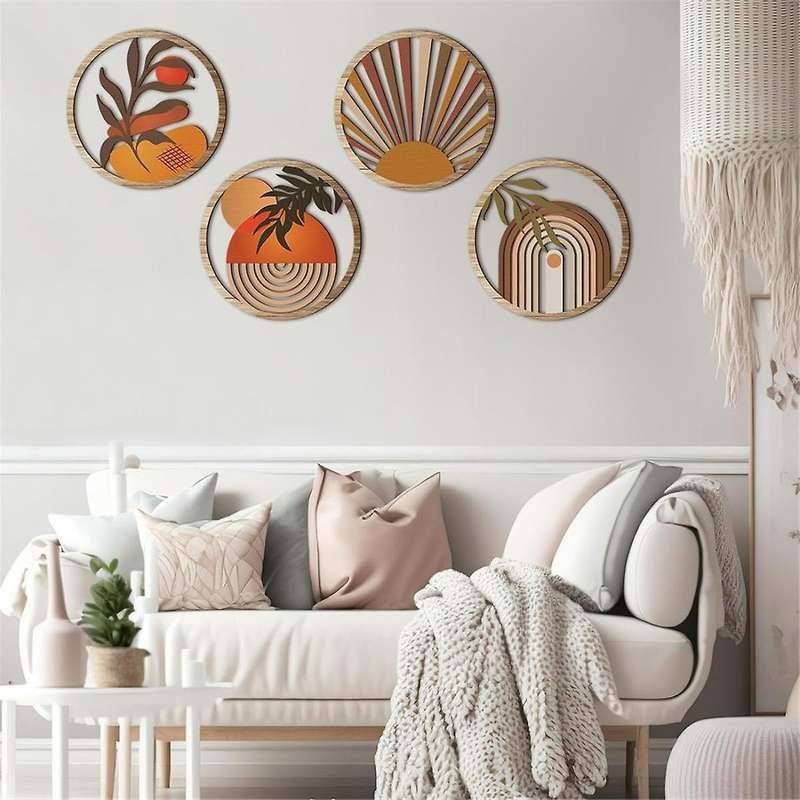 4 Pcs Boho Wall Art Wooden Wall Decor Hanging Art Nursery Wall Decor Farmhouse Geometric Hanging Dec