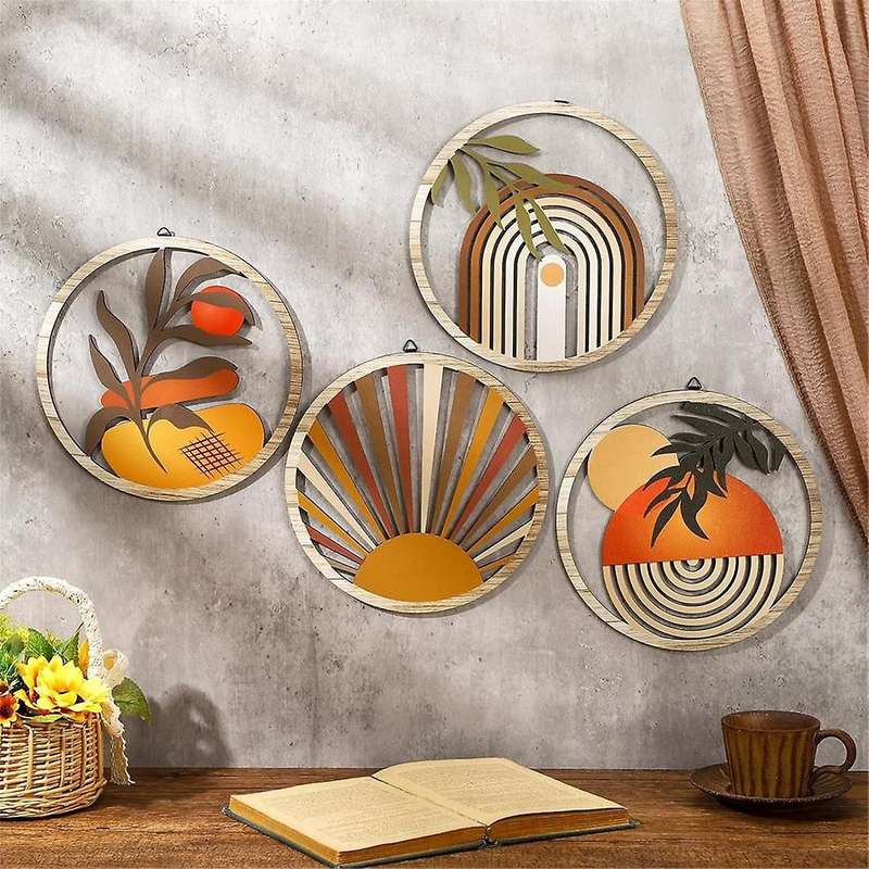 4 Pcs Boho Wall Art Wooden Wall Decor Hanging Art Nursery Wall Decor Farmhouse Geometric Hanging Dec
