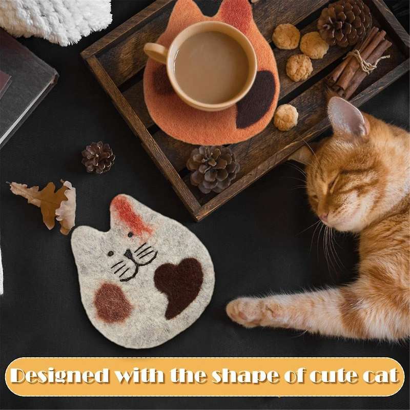 4 Pcs Cat Felt Coasters 5 Inch X 5.5 Inch Cat Shaped Felted Wool Coasters Cute Funny Cat Drink Coast