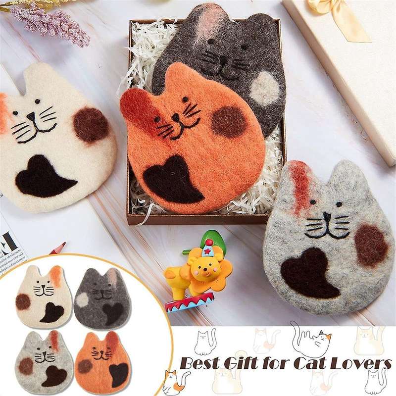 4 Pcs Cat Felt Coasters 5 Inch X 5.5 Inch Cat Shaped Felted Wool Coasters Cute Funny Cat Drink Coast