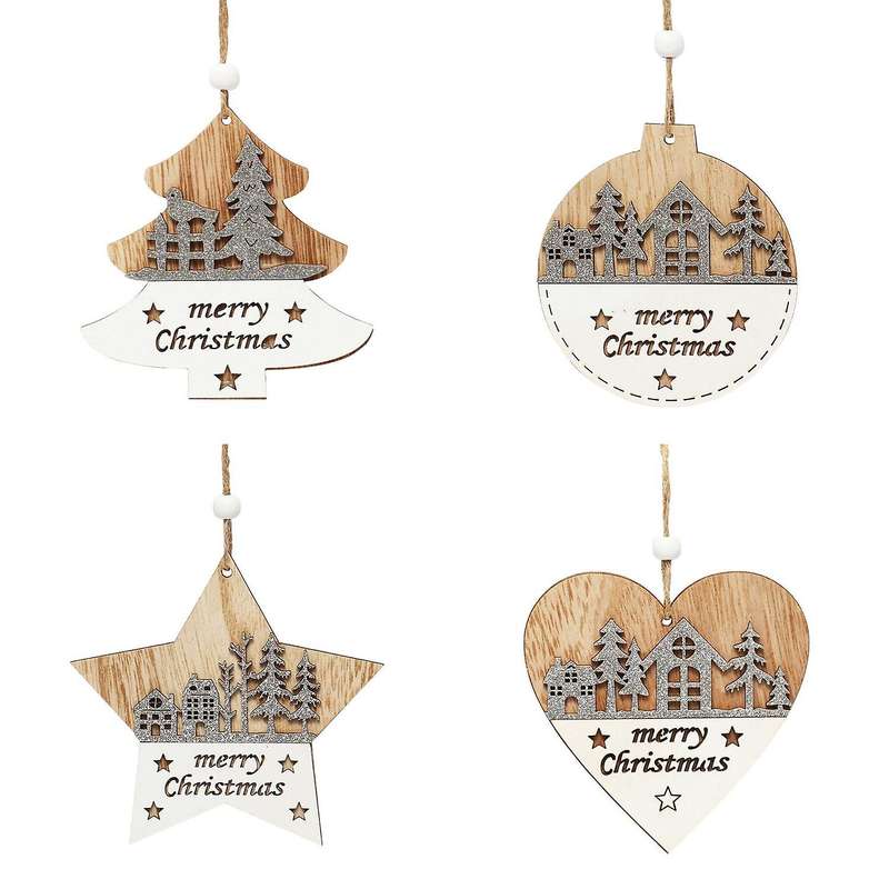 4 Pcs Christmas Pendant, Wooden Hanging Ornaments Crafts Christmas Tree Home Holiday Decoration