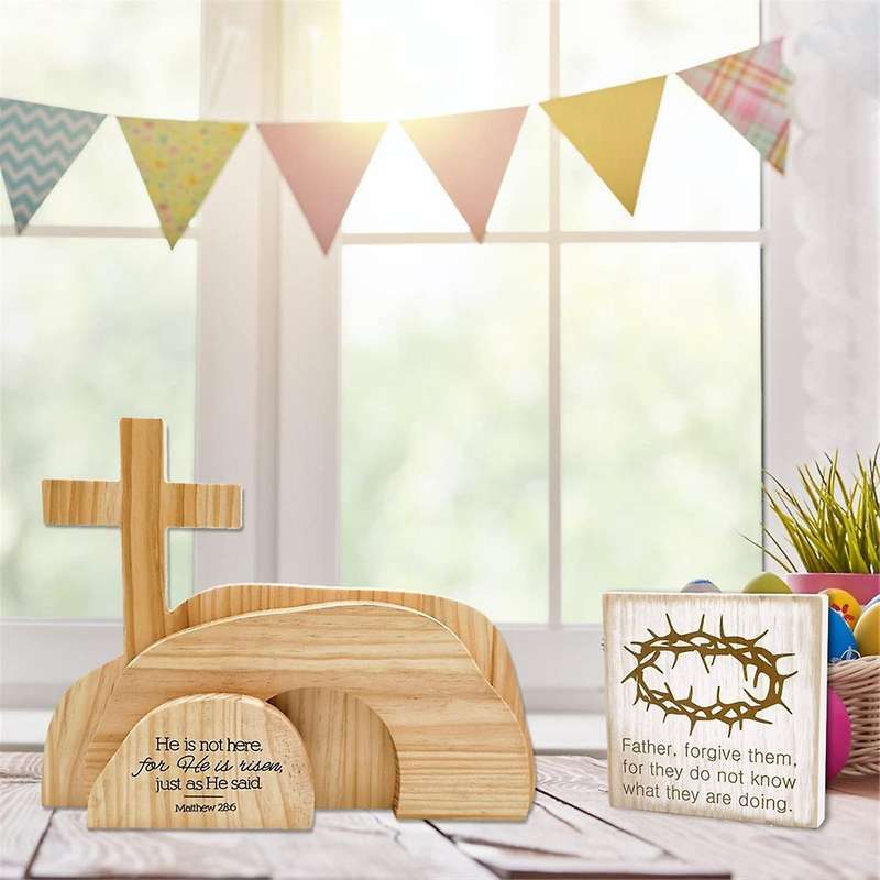 4 Pcs Easter Resurrection Scene Set He is Wooden Tabletop Centerpieces the Tomb Was Empty Scene