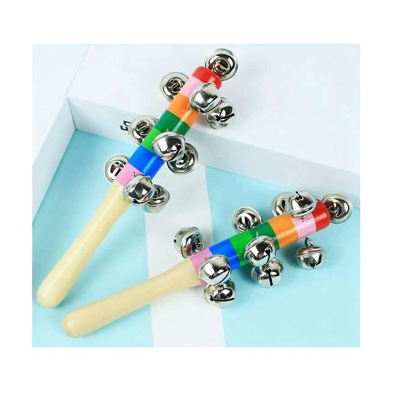 4 Pcs Hand Jingle , Rainbow Handle Wooden Jingle Stick Shaker Rattle Baby Kids Children Musical