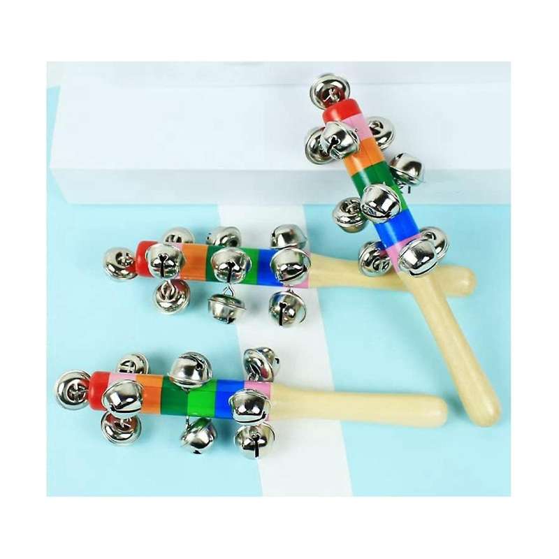 4 Pcs Hand Jingle , Rainbow Handle Wooden Jingle Stick Shaker Rattle Baby Kids Children Musical
