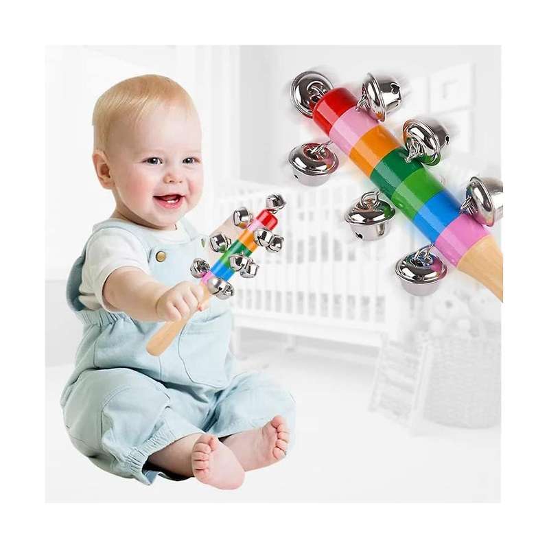 4 Pcs Hand Jingle , Rainbow Handle Wooden Jingle Stick Shaker Rattle Baby Kids Children Musical