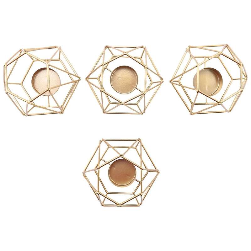 4 Pcs Metal Geometric Design Tea Light Votive Candle Holders, Hollow Candle Holders for Wedding Home