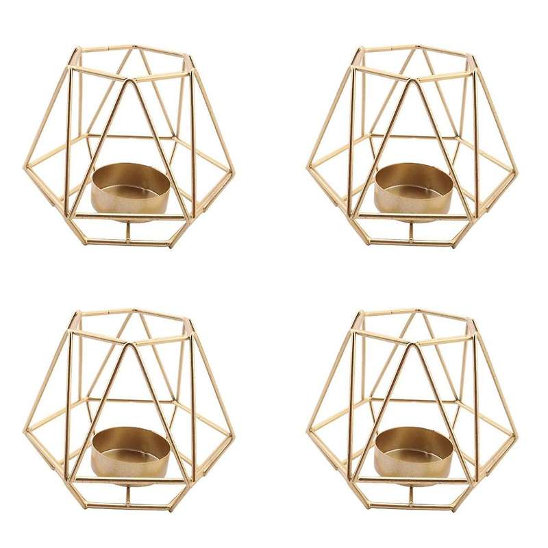4 Pcs Metal Geometric Design Tea Light Votive Candle Holders, Hollow Candle Holders for Wedding Home