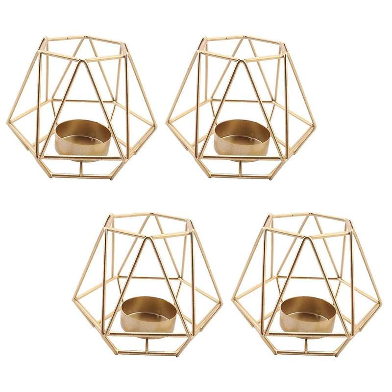 4 Pcs Metal Geometric Design Tea Light Votive Candle Holders, Hollow Candle Holders for Wedding Home