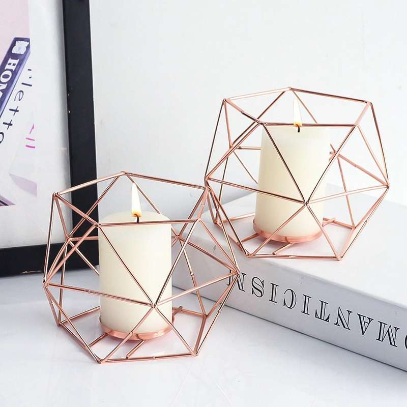 4 PCS Rose Gold Metal 3D Geometric Iron Wire Candle Holder Tea Light Candlestick Lantern for Weddin
