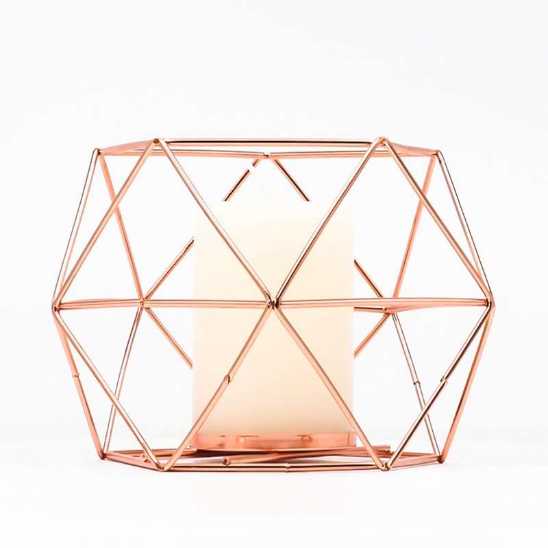 4 PCS Rose Gold Metal 3D Geometric Iron Wire Candle Holder Tea Light Candlestick Lantern for Weddin