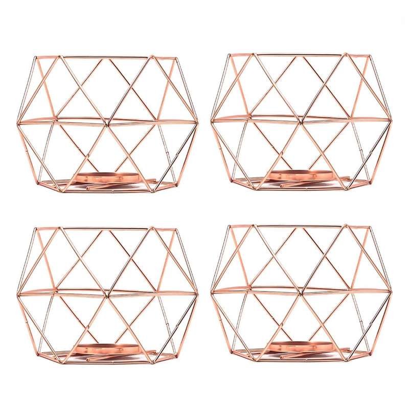 4 PCS Rose Gold Metal 3D Geometric Iron Wire Candle Holder Tea Light Candlestick Lantern for Weddin